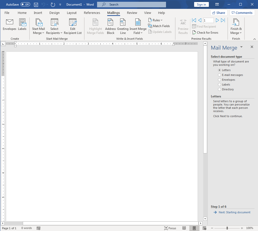 Word screenshot of mail merge document with mail merge wizard open.