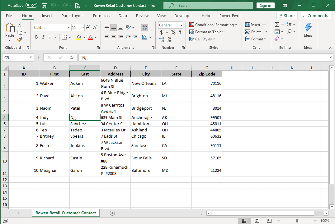 Excel spreadsheet screenshot of exported table from Access.