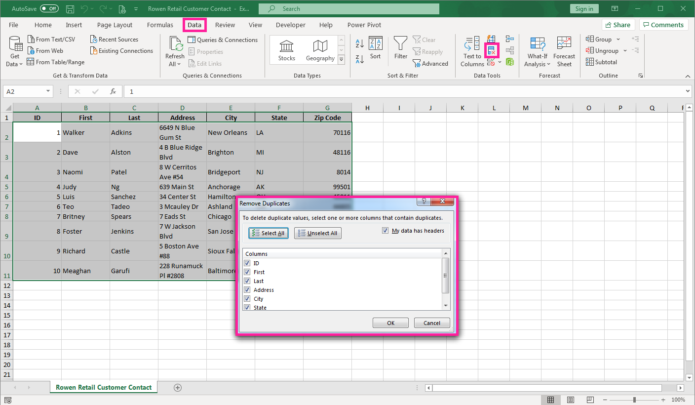 Excel spreadsheet screenshot of table data checking for duplicates window.