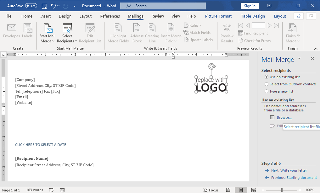 Word screenshot of mail merge document with mail merge letter open and step 3 open.
