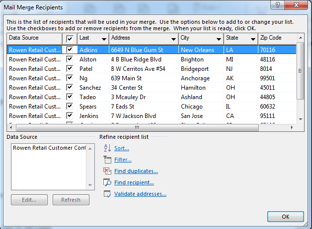 Word screenshot of mail merge recipients from Access table file.