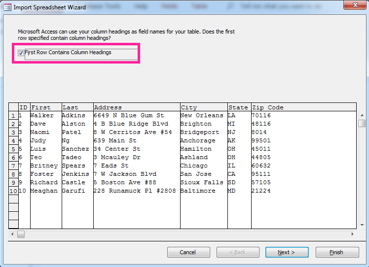 Access screenshot of Import spreadsheet wizard window open containing data.