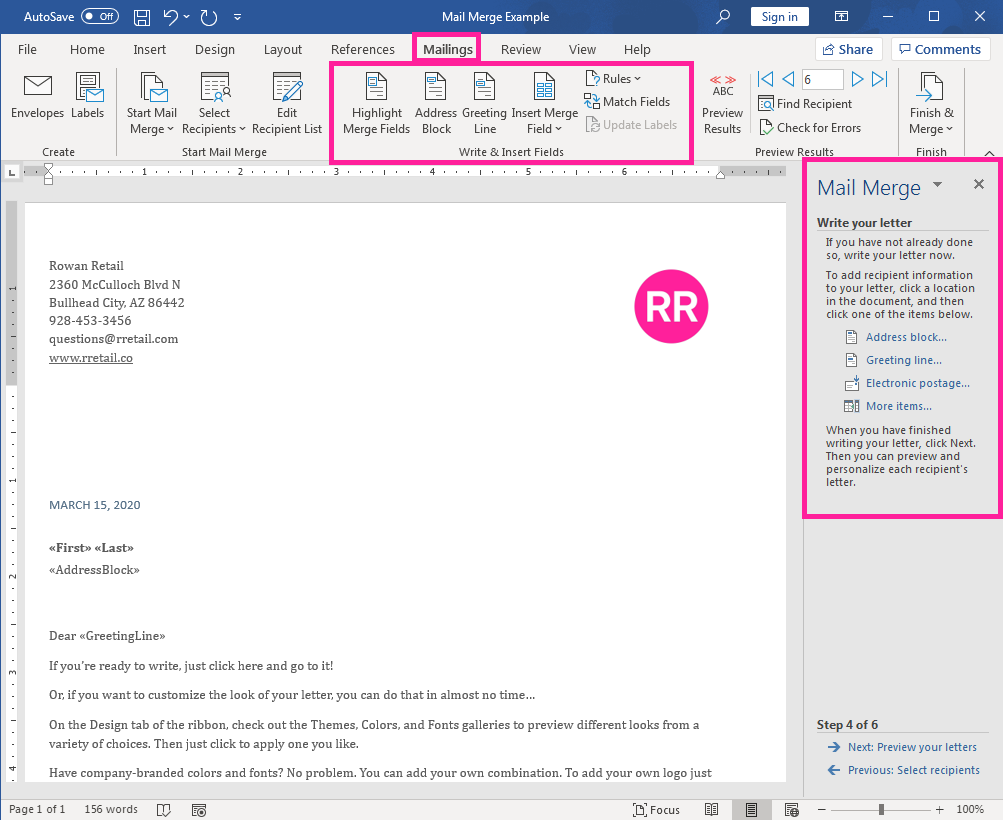 Word screenshot of mail merge document with mail merge buttons highlighted in the Mailings tab.