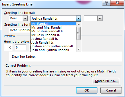 Word screenshot of greeting line merge field window open to select how greeting is displayed.