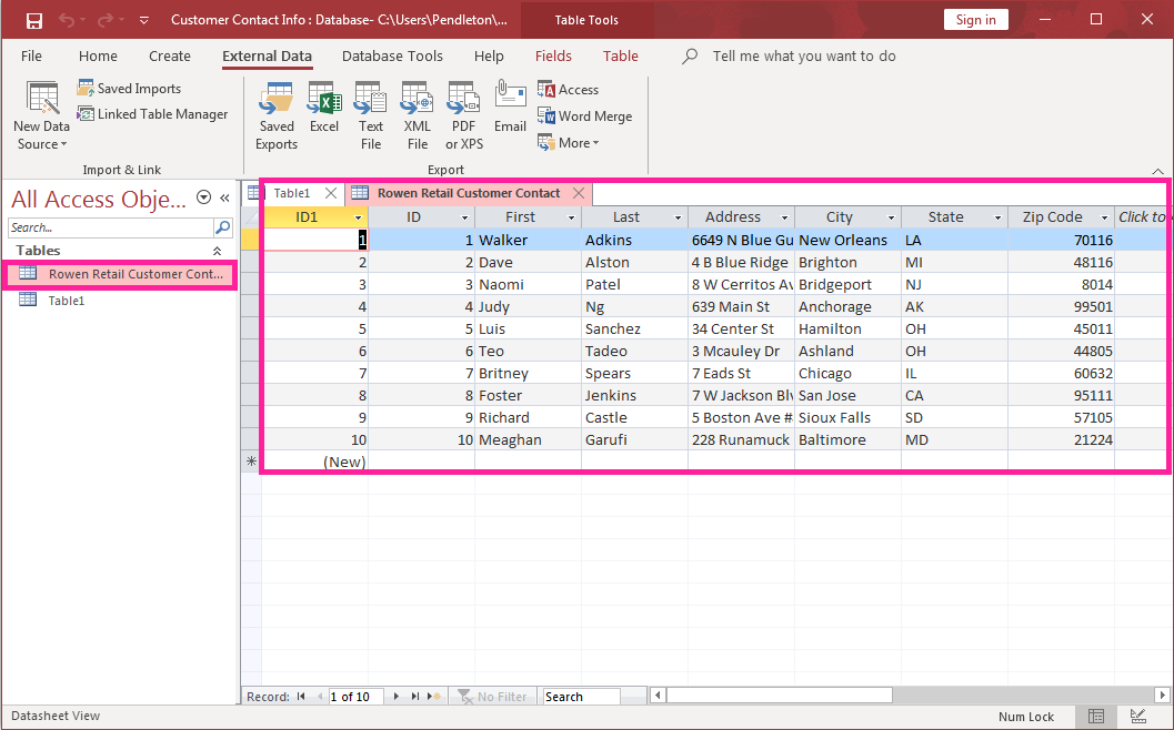 Access screenshot of imported Excel spreadsheet customer contact data in new Access table.