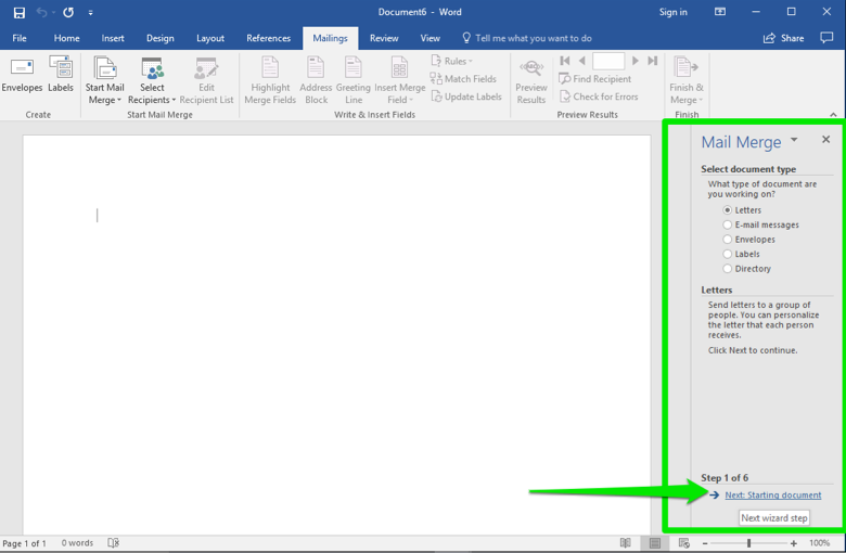 A blank Microsoft Word document is open. A mail merge menu has opened to the right of the document and there is a green box highlighting where it is located. A green arrow points at the option to go to the next starting document.
