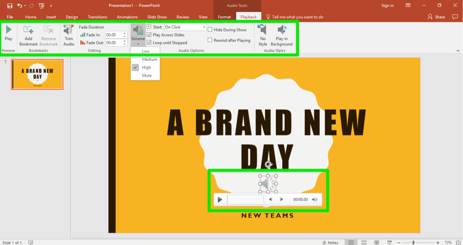 A Microsoft Powerpoint with the title "A Brand New Day" is open. There is a green box highlighting the playback tab which is in the ribbon menu and another where the audio clip has been inserted.