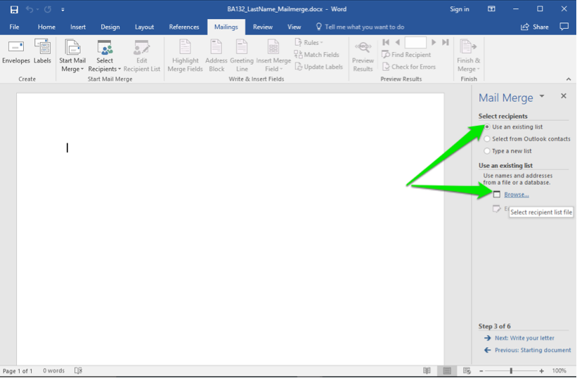 A blank Microsoft Word document is open. A mail merge menu has opened to the right of the document. A green arrow points at the option to use an existing list and another green arrow points at the button to browse.