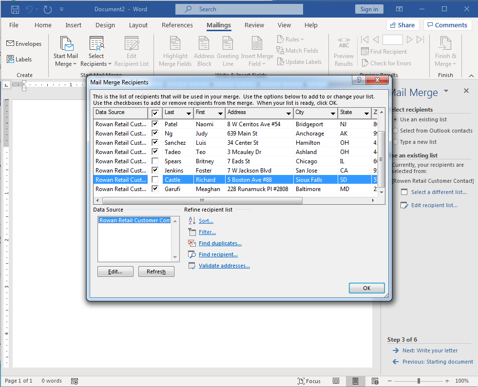 A Mail Merge Recipients dialog box is opened in Microsoft Word. The data from the Access file has been pulled into the dialog box. Richard Castle has been unchecked.