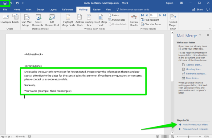 A Microsoft Word document is open. A mail merge menu has opened to the right of the document. There are two green boxes highlighting the page, one is showing where the content of the letter goes and the other shows where the save button is in Microsoft Word. A green arrow points to the next: preview your letters option.