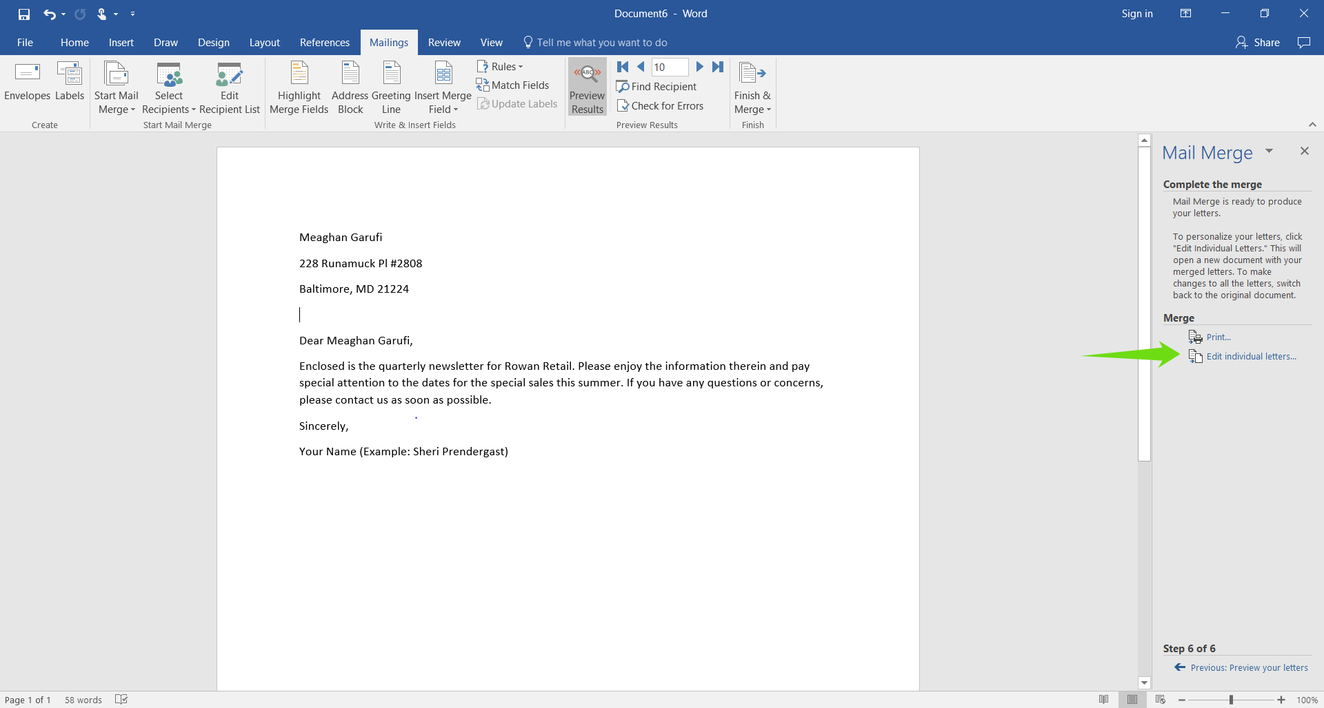 A Microsoft Word document is open with a letter on it. A mail merge menu has opened to the right of the document. There is one green arrow, pointing to the Edit individual letters command.