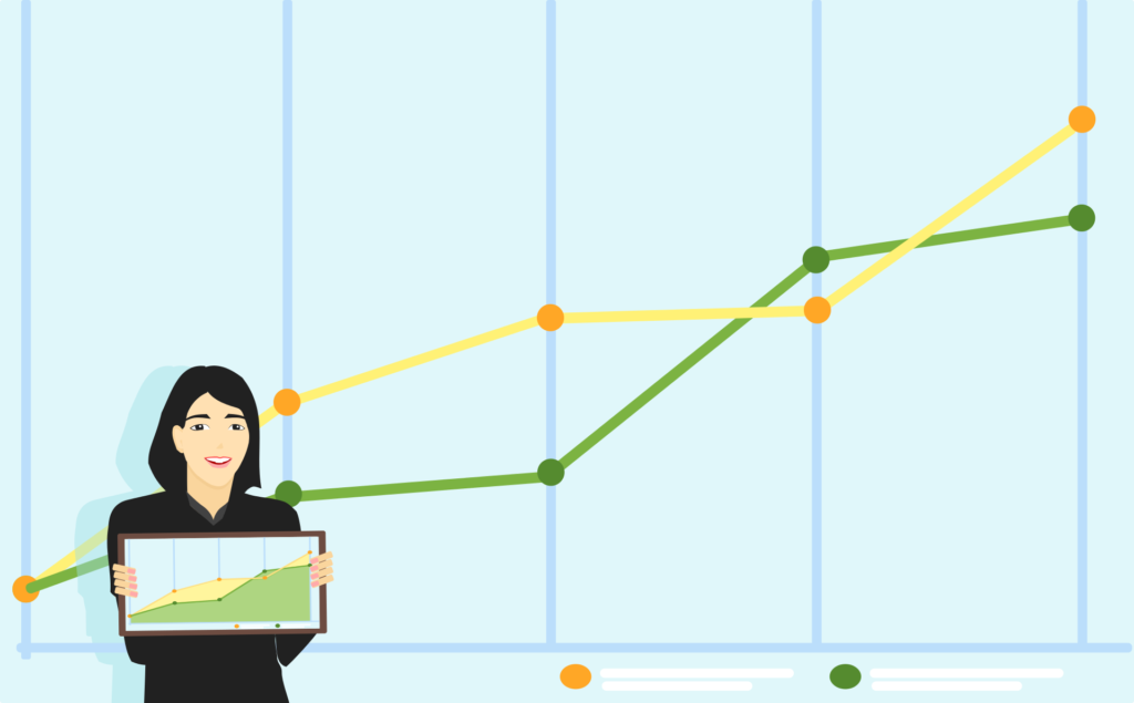 Illustration of a woman standing in front of a chart. The chart shows two lines with a generally upward trajectory.