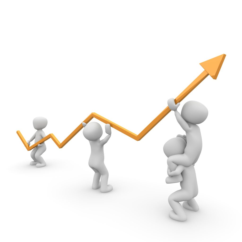 Illustration of four people holding up a rising graph line.