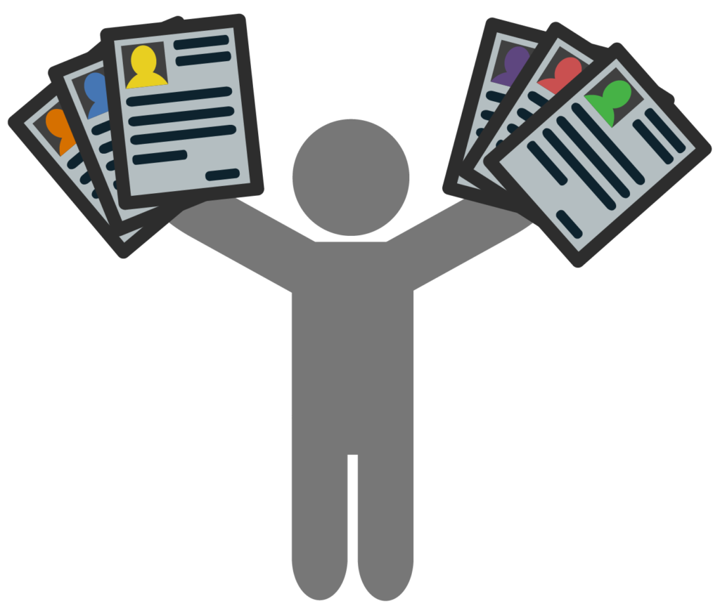 Illustration of a person holding up 6 resumes.