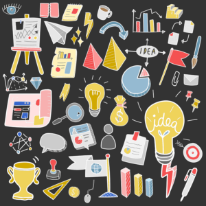 A colorful illustration on a black background shows a collection of images including a coffee mug, light bulbs, graphs, a golden trophy, a bullseye target with an arrow in the middle, a paperclip, and many more items.