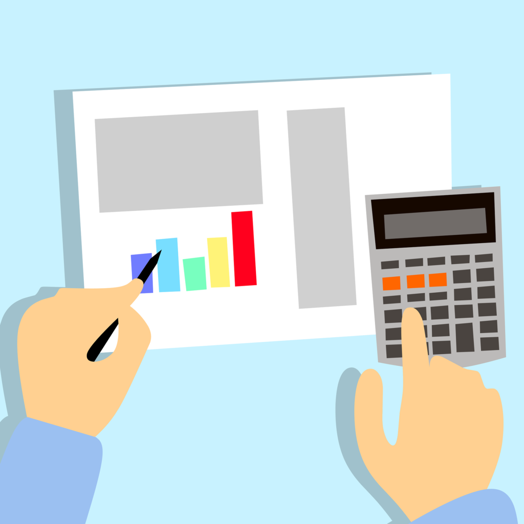 Illustration of someone using a calculator while looking at a bar chart.