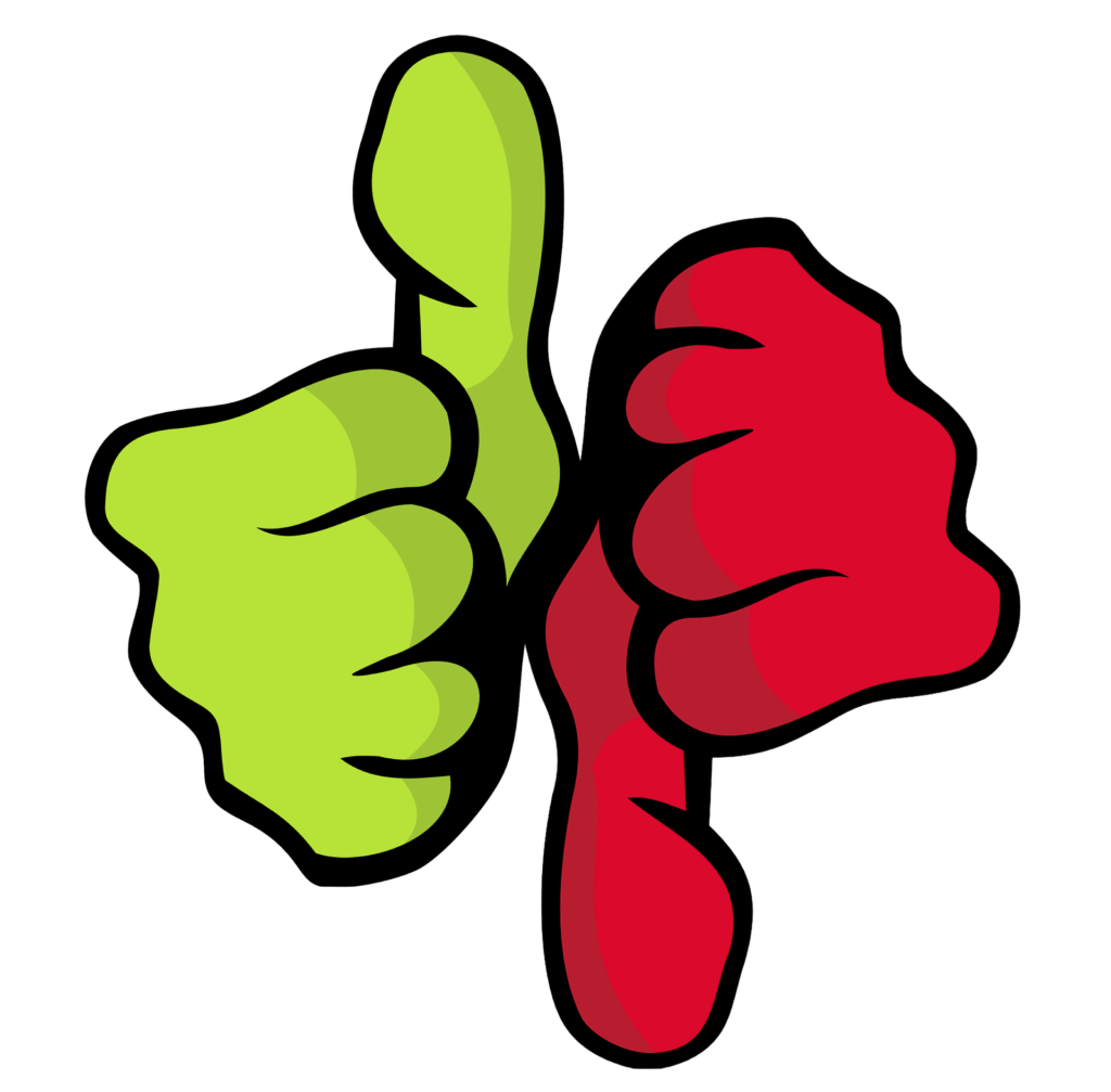 illustration of a green thumbs up and a red thumbs down