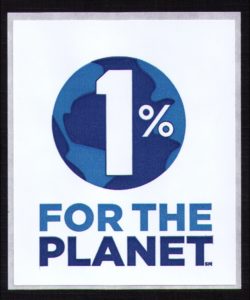 A illustration of planet earth in dark and light blue with a large 1% in white. The graphic reads "1% for the planet".