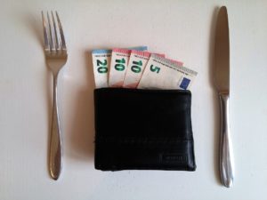 Fork and knife as a table setting with money and a wallet as the plate.
