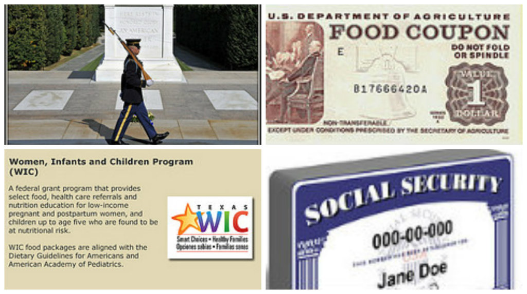Govt Spending Collage. A photograph of a soldier guarding the tomb of the unknown soldier, an old food stamp, a description of the WIC program, and a Social Security card for "Jane Doe"