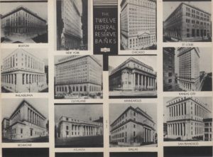 Photo collage of the 12 regional Federal Reserve Banks in the Federal Reserve.
