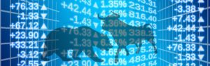 The image has a silhouette of a bear and bull facing off against each other. The image has a background of stock exchange numbers.