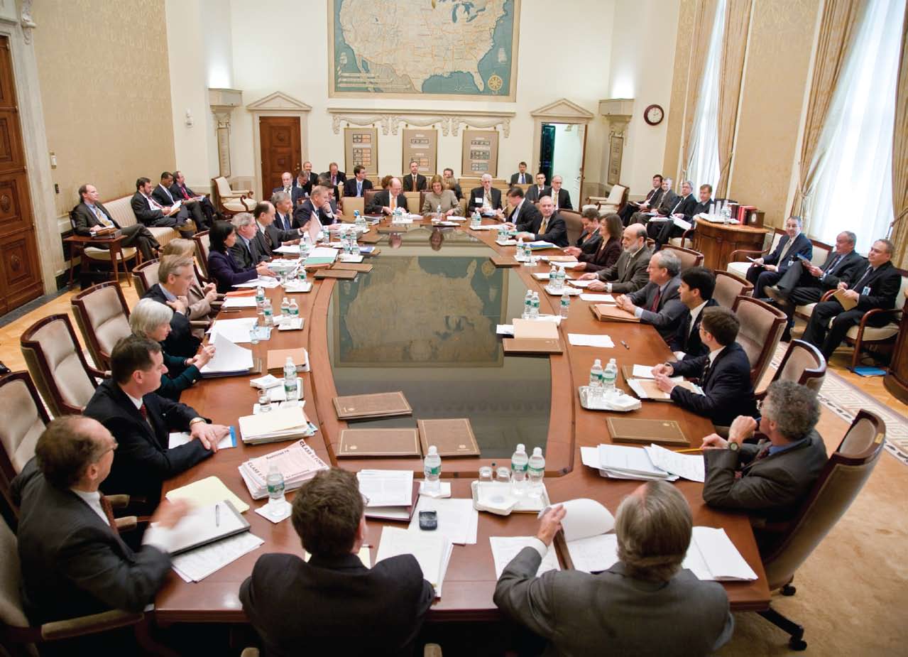 Modern-day meeting of the Federal Open Market Committee at the Eccles Building, Washington, D.C.