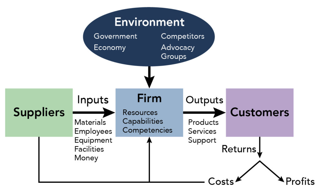 Suppliers provide inputs to the firm. Inputs include materials, employees, equipment, facilities, and money. The environment that the firm operates in includes government, competitors, the economy, and advocacy groups. The firm has resourses, capabilities, and competencies to produce outputs for customers. These outputs include products, services, and support. Providing outputs to customers returns profits and costs.