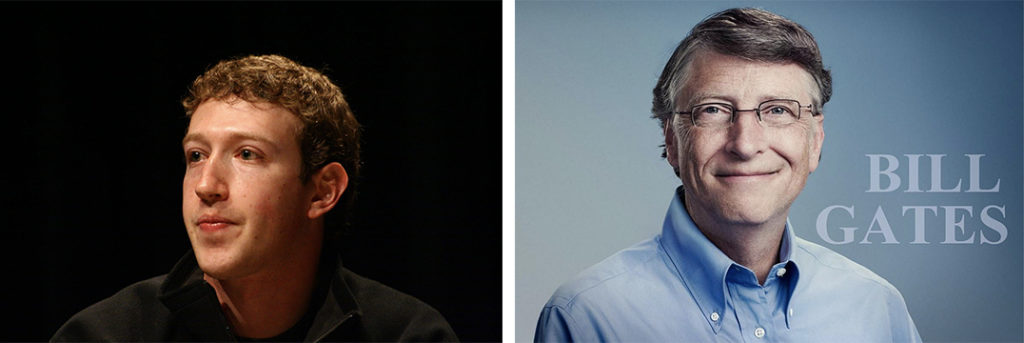 Two photos. The first is a picture of Mark Zuckerberg with black background. The second is a picture of Bill Gates with his name written beside him .