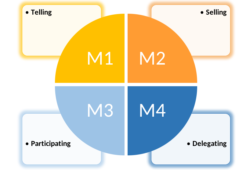 M1 corresponds to telling style, M2 corresponds to selling style, M3 corresponds to participating style, and M4 corresponds to delegating style