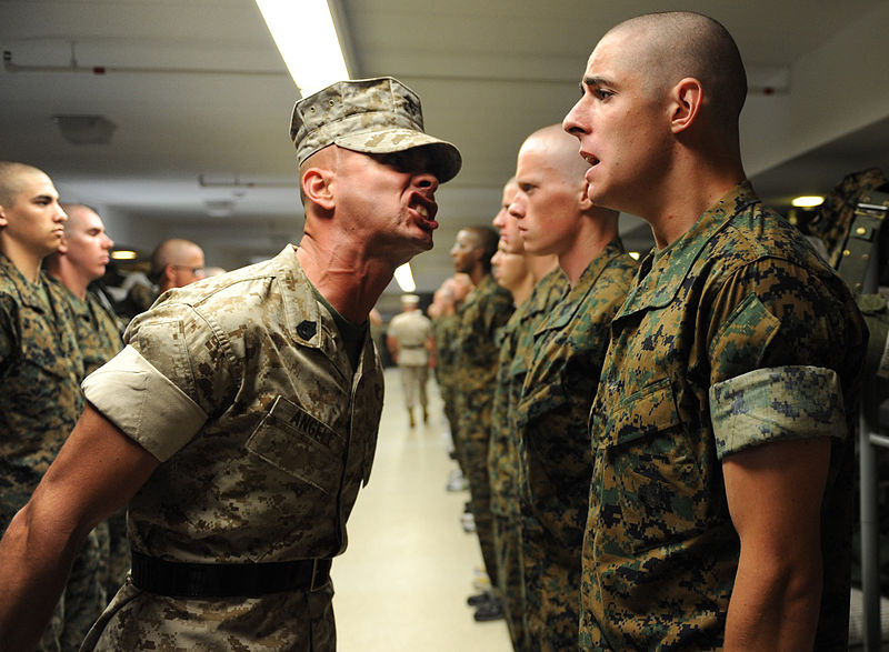 Drill instructor disciplining soldier with others standing at attention