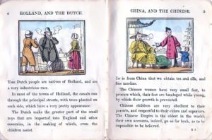 Two pages of a 19th century children’s book discussing ethnic characteristics