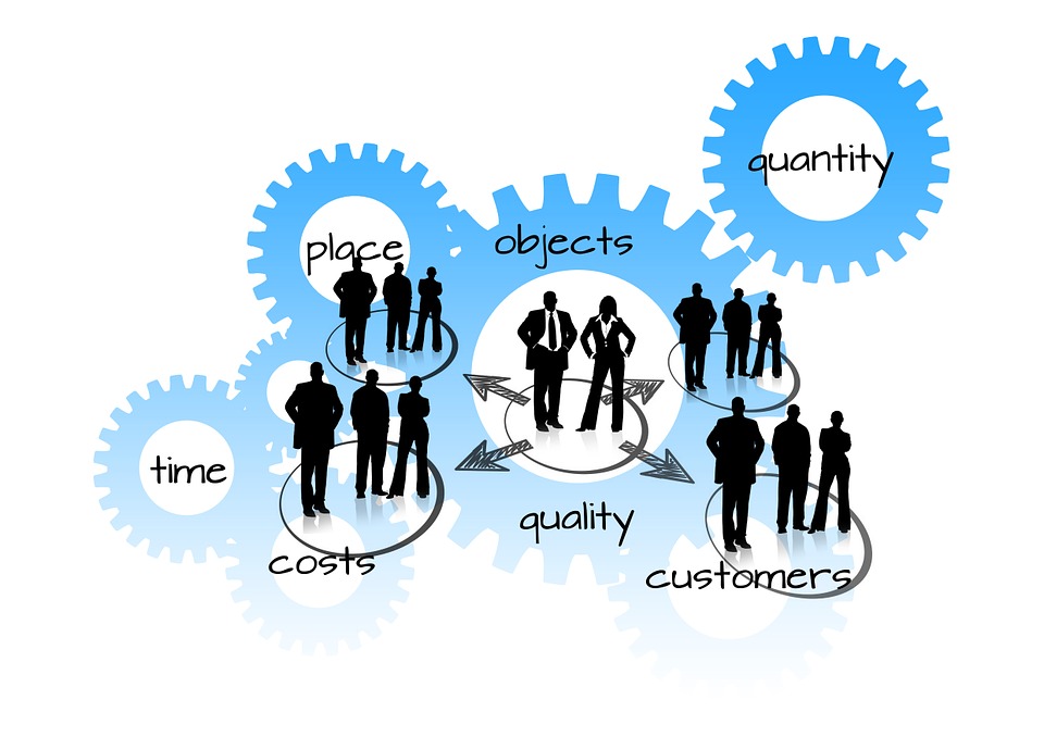 Figures of businesspeople in front of gears with the words time, place, objects, quantity, costs, quality, and customers in different areas of the gears