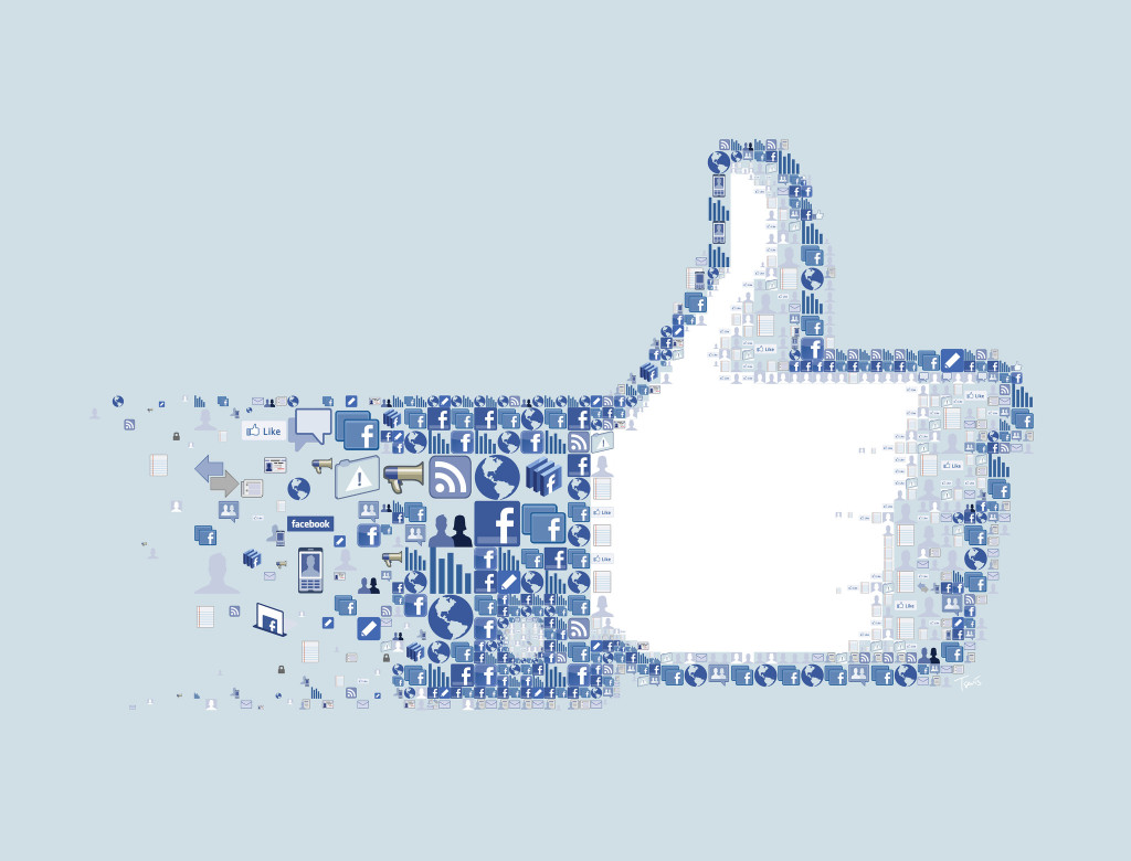 Mosaic illustration of the Facebook "LIKE" button. Shows the iconic "thumbs-up" graphic.