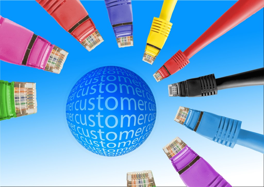 A circle in the center with the word "customer" repeated across it; the circle is surrounded by nine computer cables.