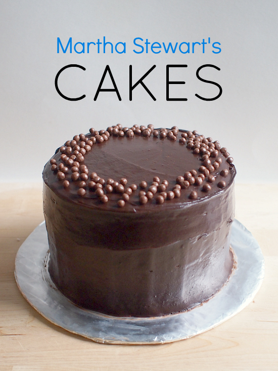 Photo of an elegant chocolate cake with the words "Martha Stewart's Cakes" printed above it.