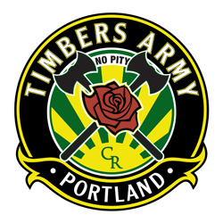 Timbers Army Portland logo. The top of the logo reads "Timbers Army" and the bottom of the logo reads "Portland." Small text in the middle top reads "No pity." Two crossed axes behind a rose. In the background is a sun with sunbeams coming out and the initials CR.