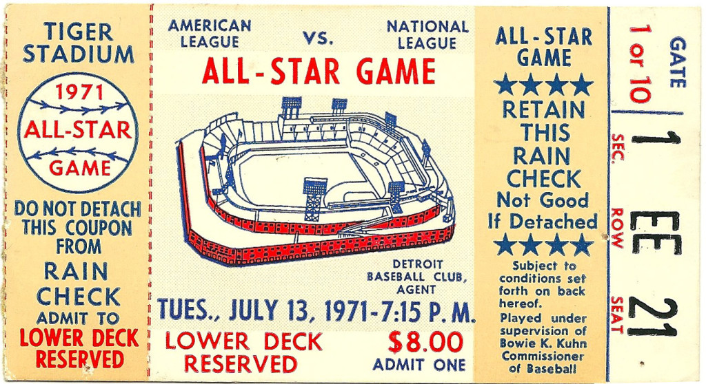 Ticket stub for the All-Star Baseball Game on Tues., July 13, 1971. "Lower Deck, Reserved." $8.00: Admit One.