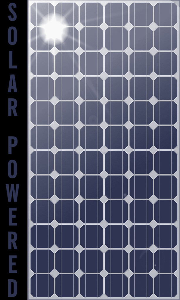 Photo of a solar panel. Along the lefthand side are the words "Solar Powered."
