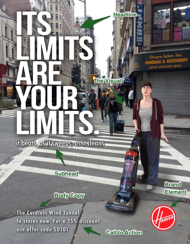A hoover advertisement featuring a woman pushing a vacuum cleaner through the crosswalk of a busy intersection in a big city. Text reads Its limits are your limits. Smaller text says It beats, as it sweeps, as it cleans. In the bottom corner is the Hoover logo. Also at the bottom is small text that reads The Cordless Wind Tunnel, In stores now. For a 15% discount use offer code SD101. The advertisement's parts are labeled. The woman pushing the vacuum cleaner is labeled "Visual." The big text, "Its limits are your limits", is labeled "Headline." The smaller text that reads "It beats, as it sweeps, as it cleans" is labeled "Subhead." The logo in the bottom corner is labeled "Brand element." The small text at the bottom of the page is labeled "Body copy." The line For a 15% discount use offer code SD101 is labeled "Call to action."