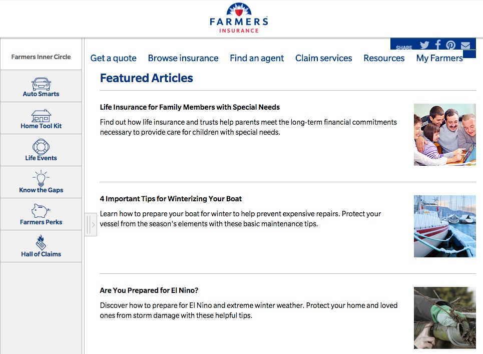 Screenshot of Farmers Insurance website. It has featured articles titled "Life Insurance for Family Members with Special Needs", "4 Important Tips for Winterizing Your Boat", and "Are Your Prepared for El Nino?"