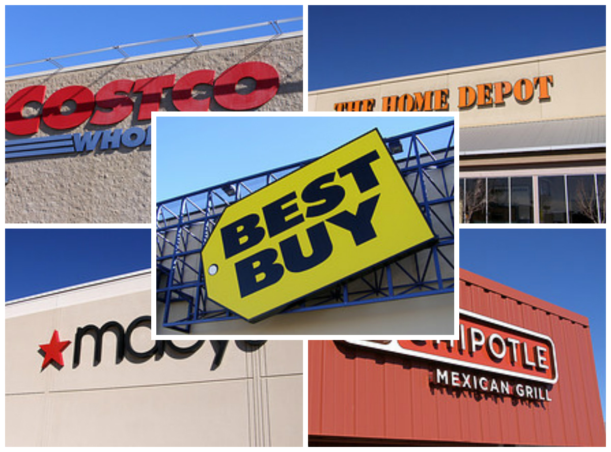 Picture collage showing the storefronts for Costco, Best Buy, Macy's, The Home Depot, and Chipotle