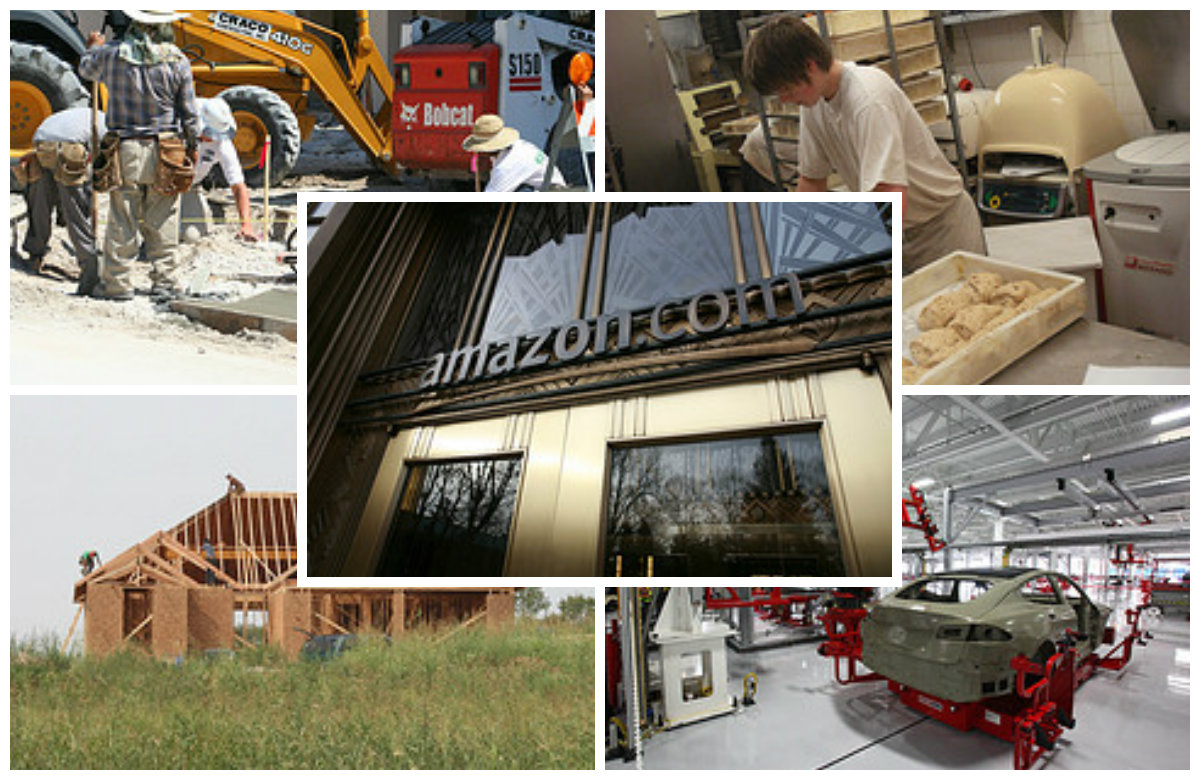 Collage with five images. One shows construction workers fixing a road, the other shows someone rolling out dough in a bread machine, the frame of a house under construction, the frame of a car inside a manufacturing plant, and the storefront for Amazon.com