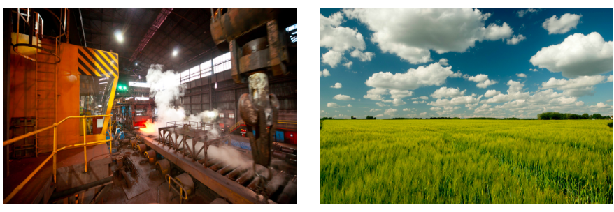 Image of an active steel mill on the left and wide open wheat fields on the right.