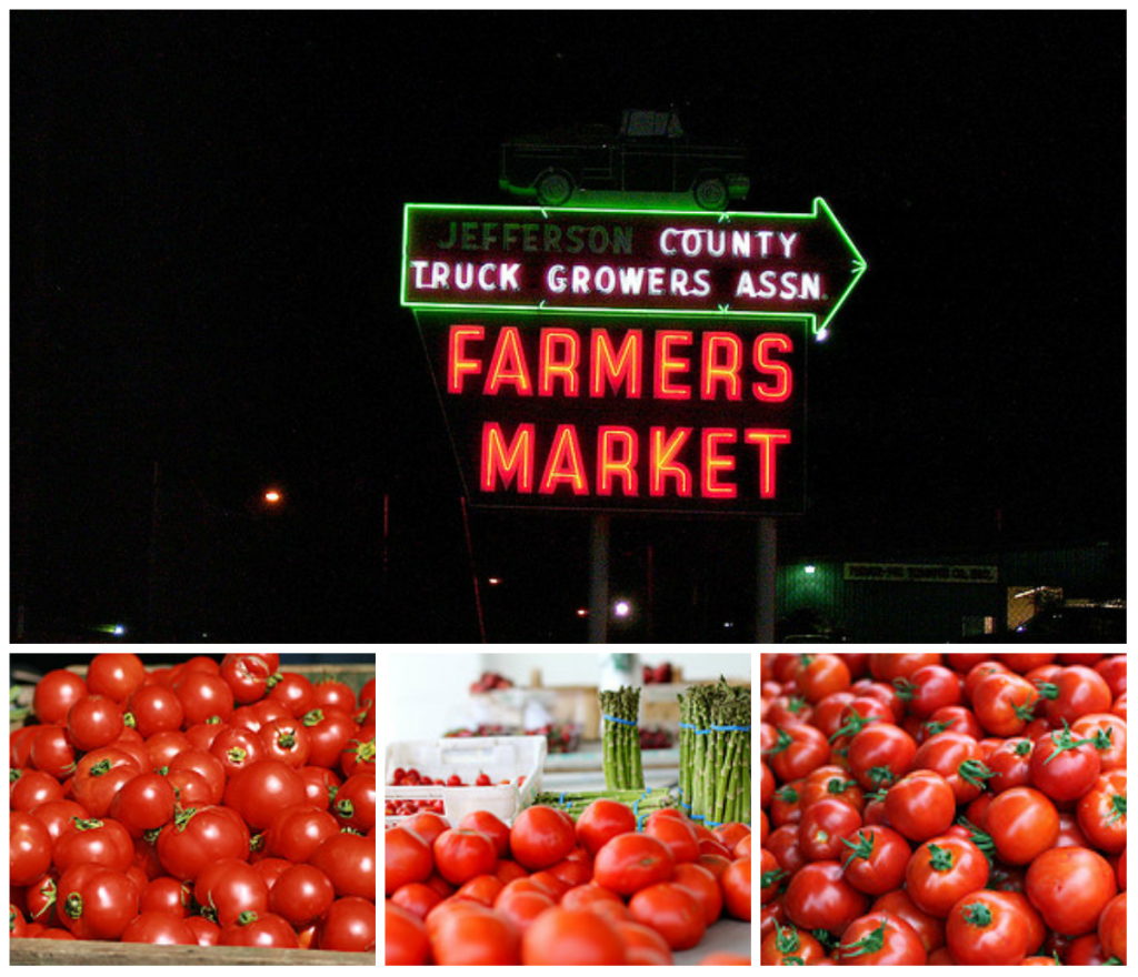 Four pictures in a collage. The largest picture show a sign in neon lights advertising a Farmer's Market in Jefferson County, then the three others show tomatoes piled up and ready to be sold at a market.