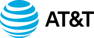 AT&T logo of a blue sphere with white stripes and the text "AT&T" in black letters.