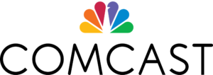 Comcast logo. Text says "comcast" in black text and there is a minimalist styled peacock above the text.