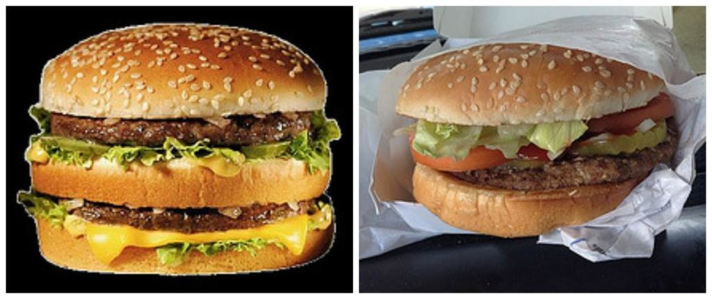 Side-by-side picture of McDonald's Big Mac and Burger King's Whopper