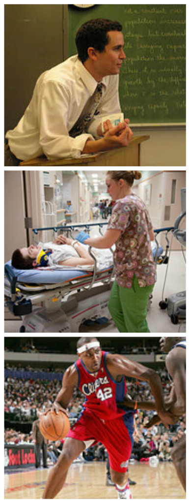 Three photographs. The first shows a teacher leaning against a podium at the front of a classroom, the second shows a nurse with a patient in the hospital, and the third shows a professional basketball player.
