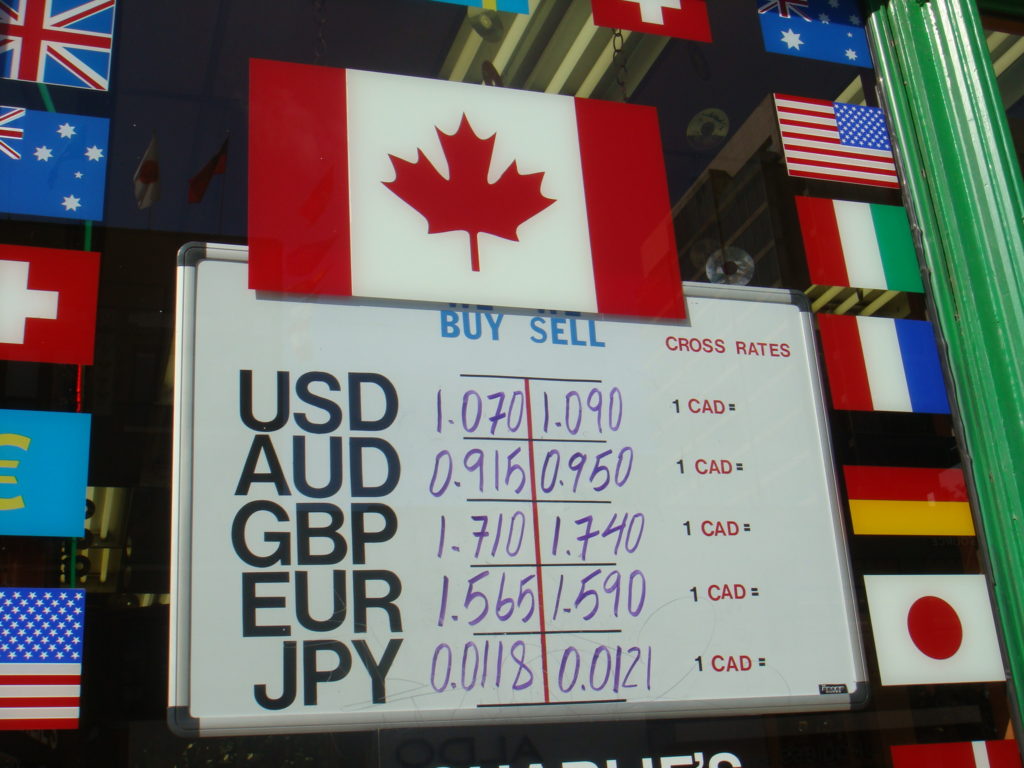 Board describing current exchange rates.